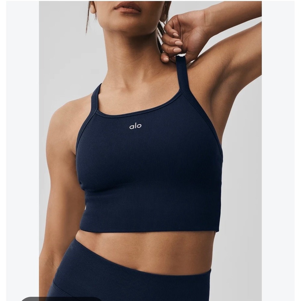 Alo Yoga Seamless Ribbed Sports Bra Navy Blue Adjustable Racerback XS